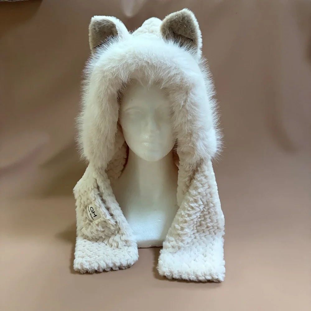 Mona Momo Ivory Faux Fur Animal Ear Hood Scarf Balaclava Winter Hat Cream Minky